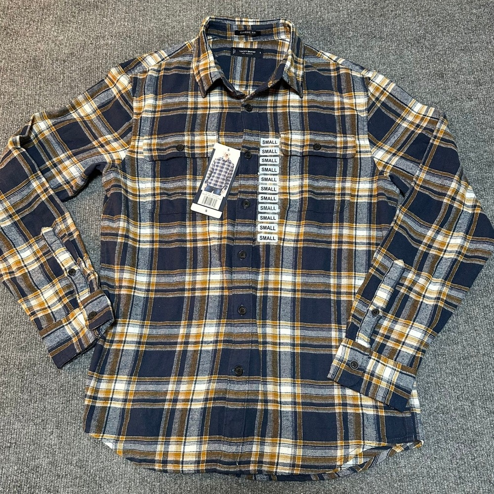 Lucky Brand Mens Classic Fit Plaid Flannel Shirt Navy Yellow 7MS4001 Small NWT